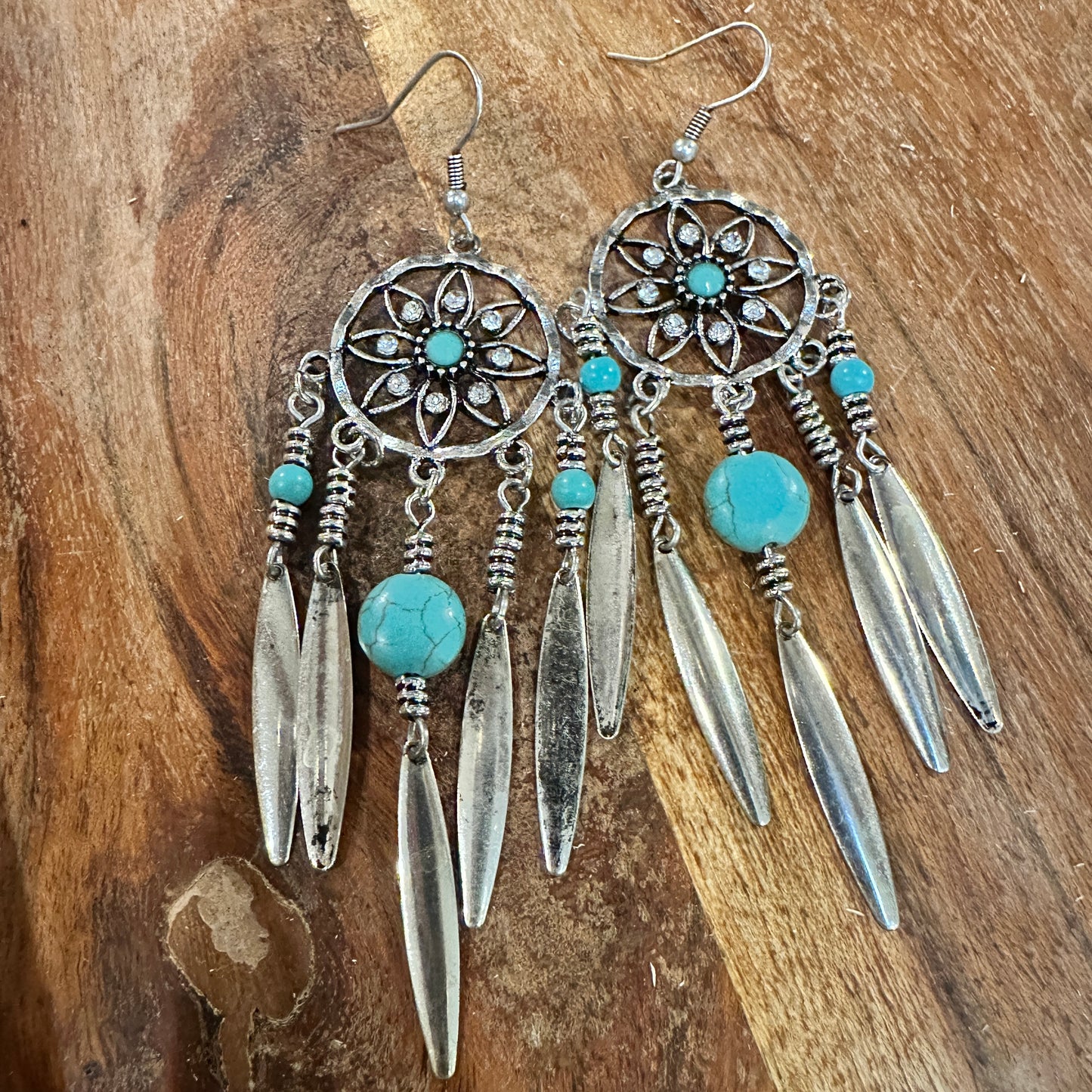 Bohemian Hippie Chic Dream Catcher Feather Drop Earrings featuring delicate silver feathers, dream catcher details, and lightweight design, ships in a gift box- Sliver Elegant