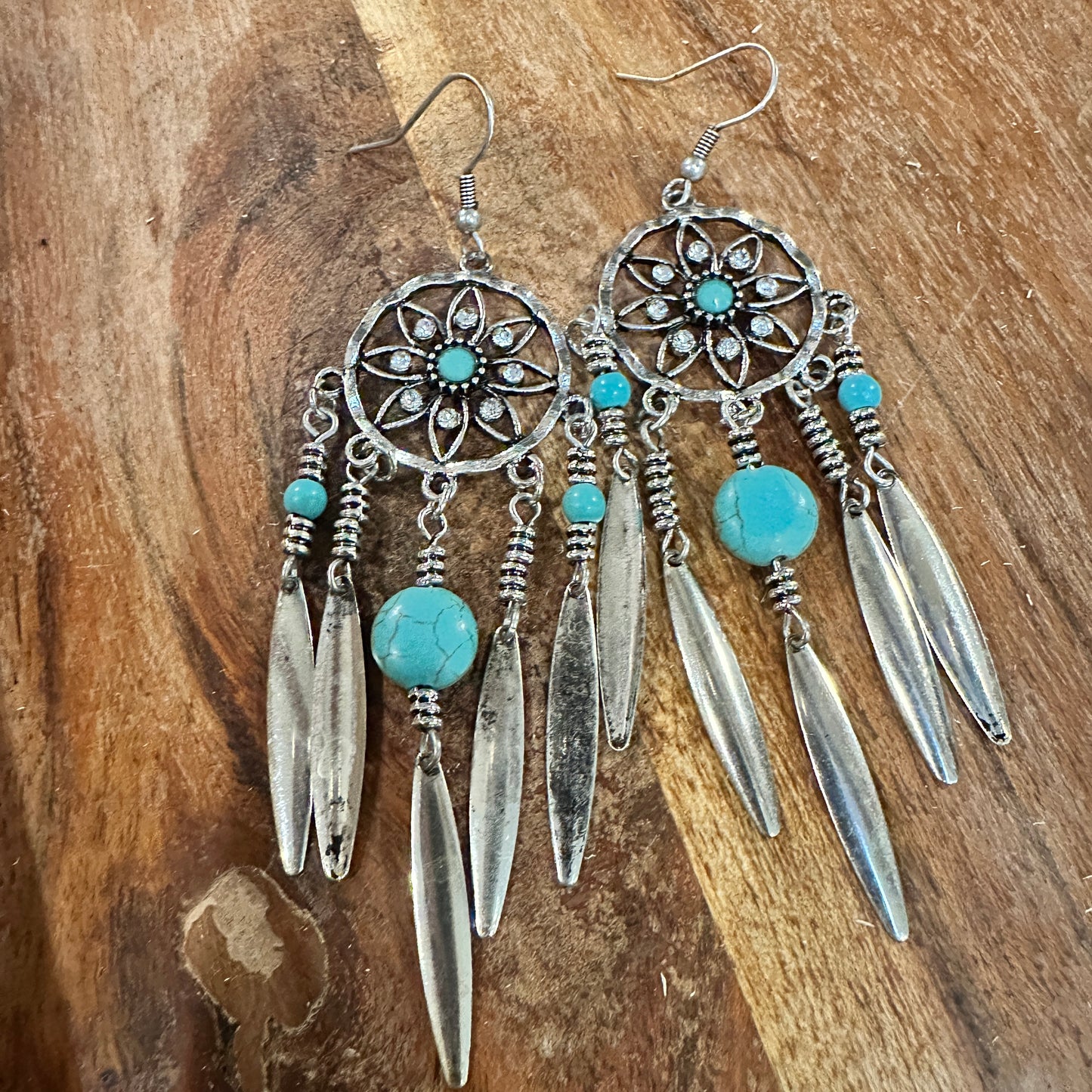 Bohemian Hippie Chic Dream Catcher Feather Drop Earrings featuring delicate silver feathers, dream catcher details, and lightweight design, ships in a gift box- Sliver Elegant