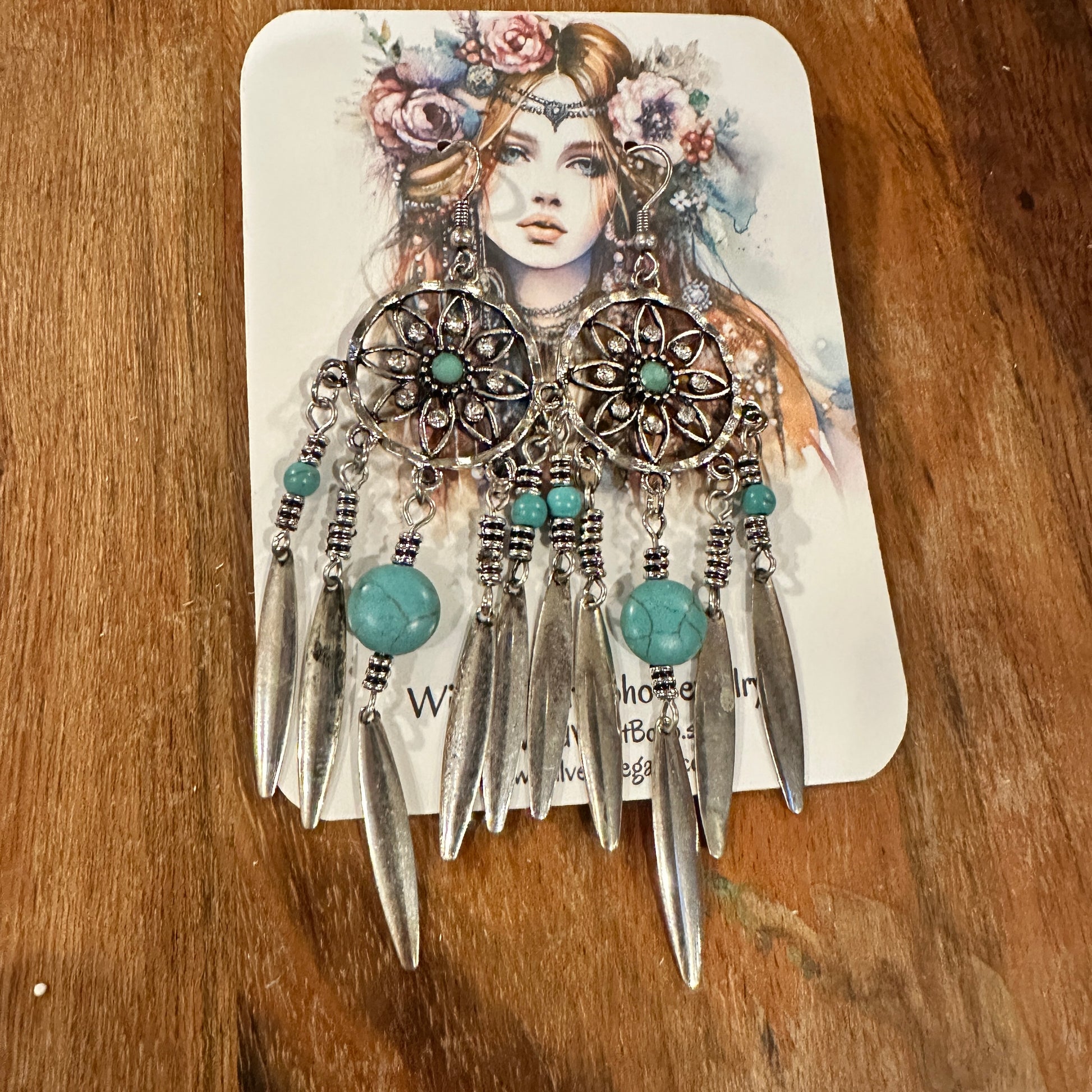 Bohemian Hippie Chic Dream Catcher Feather Drop Earrings featuring delicate silver feathers, dream catcher details, and lightweight design, ships in a gift box- Sliver Elegant