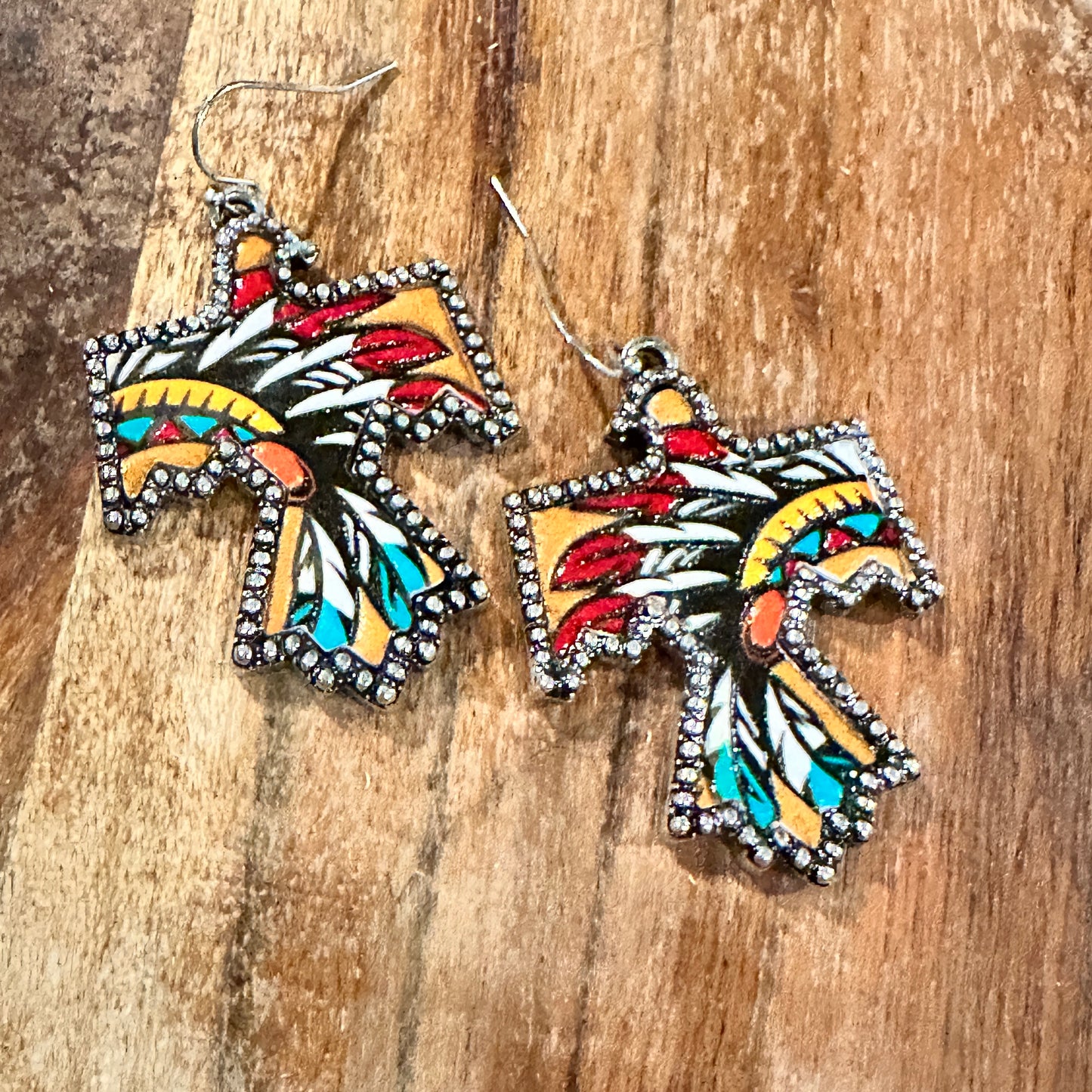 Boho Thunderbird Metal Earrings with Tooled Leather Chieftain Headdress Design, Gift Box