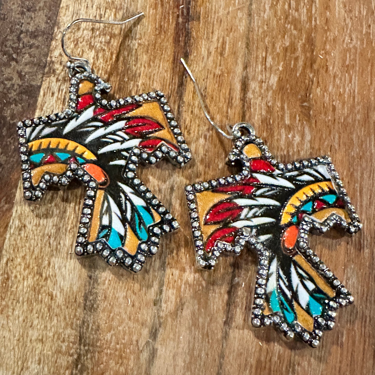 Boho Thunderbird Metal Earrings with Tooled Leather Chieftain Headdress Design, Gift Box