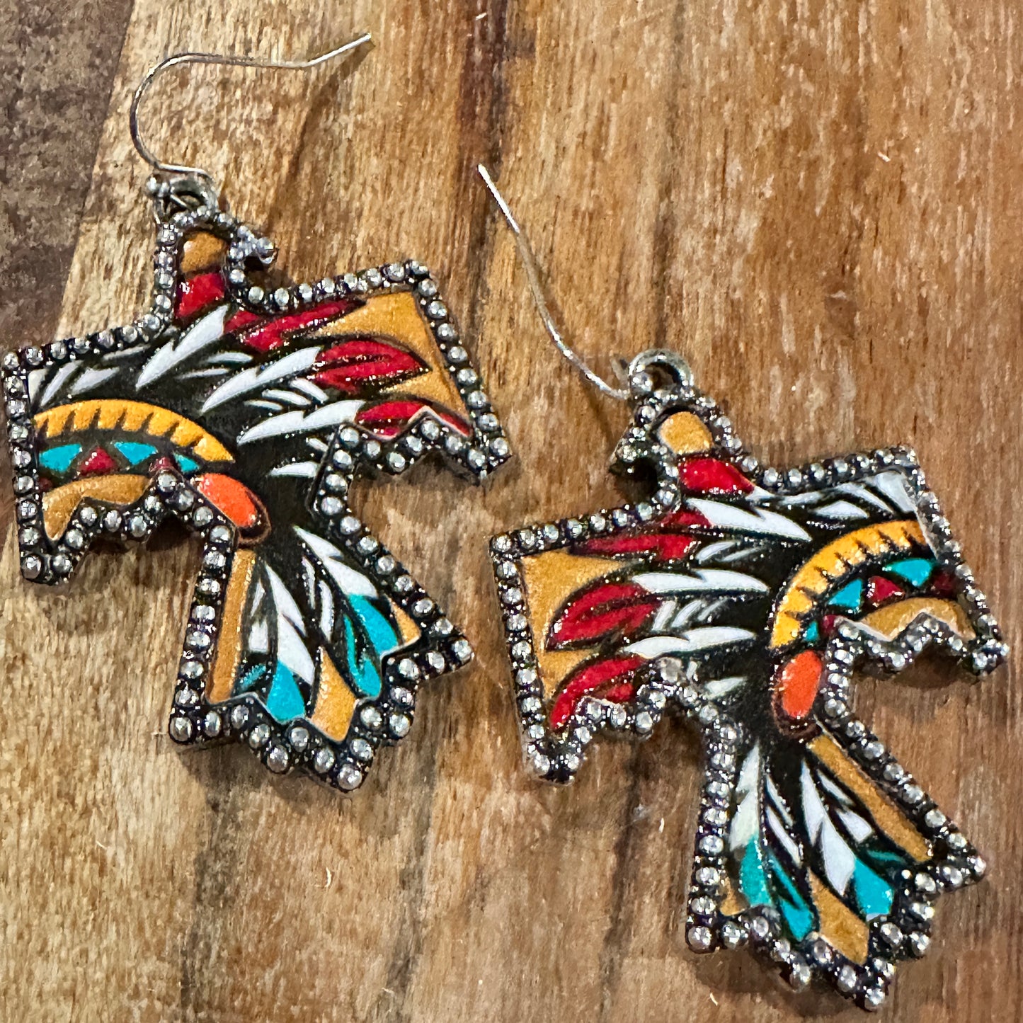 Boho Thunderbird Metal Earrings with Tooled Leather Chieftain Headdress Design, Gift Box