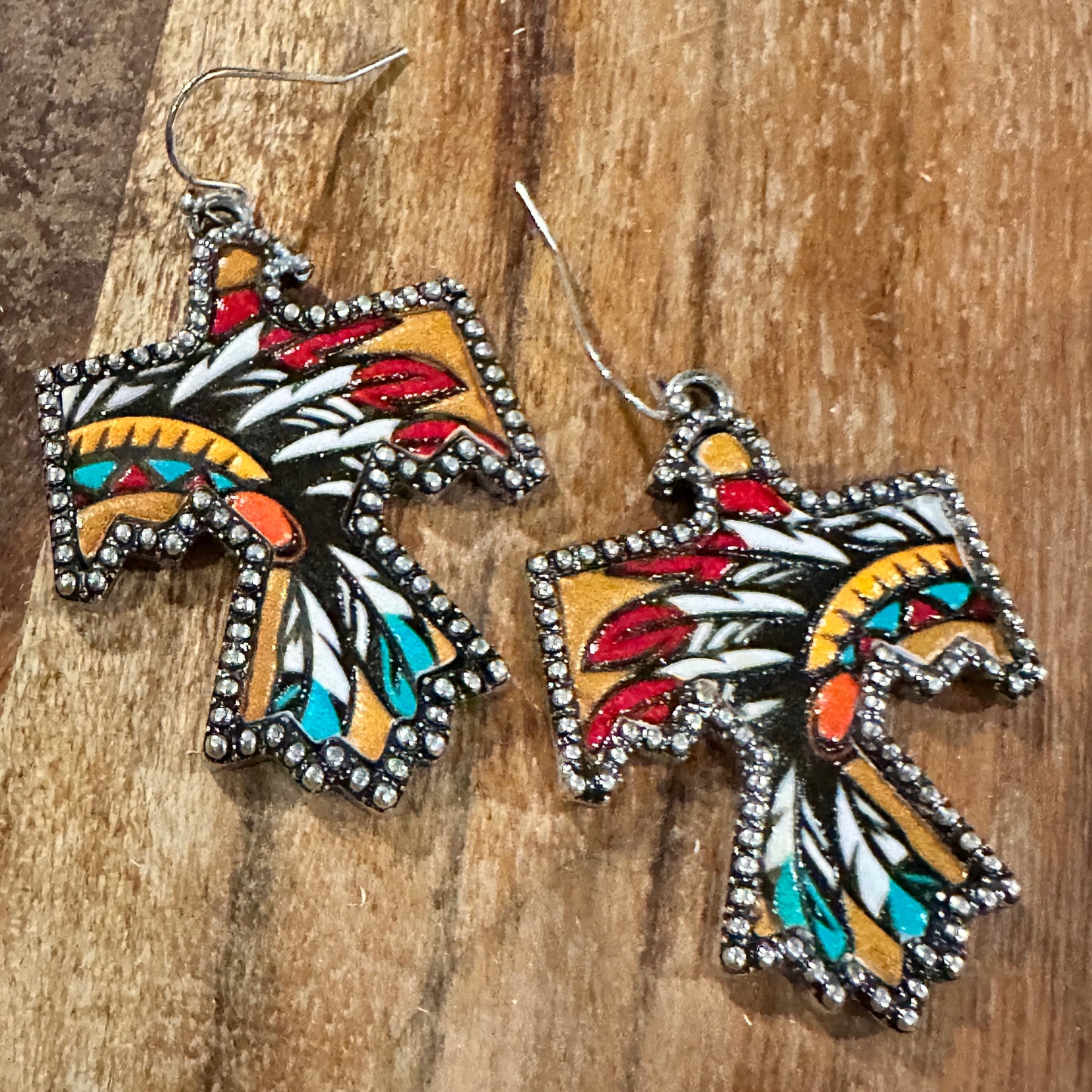 Boho Thunderbird Metal Earrings with Tooled Leather Chieftain Headdress Design, Gift Box