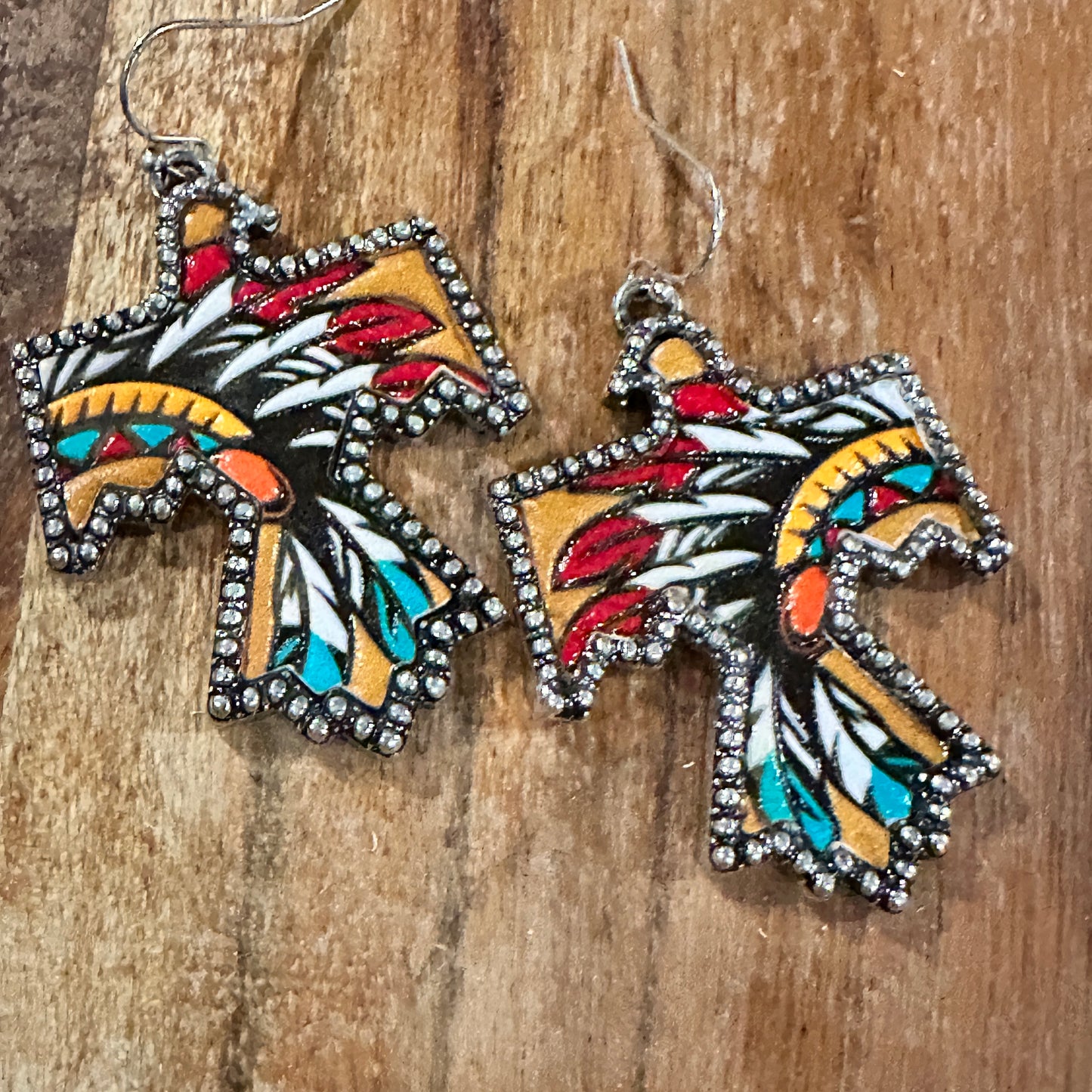 Boho Thunderbird Metal Earrings with Tooled Leather Chieftain Headdress Design, Gift Box