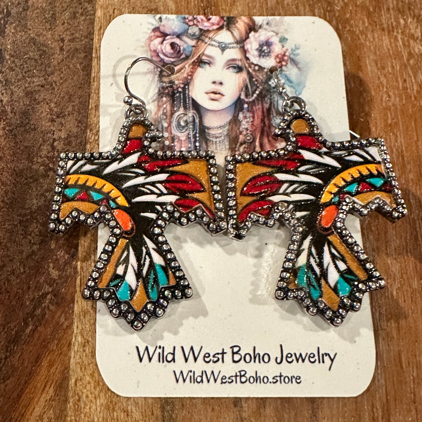 Boho Thunderbird Metal Earrings with Tooled Leather Chieftain Headdress Design, Gift Box