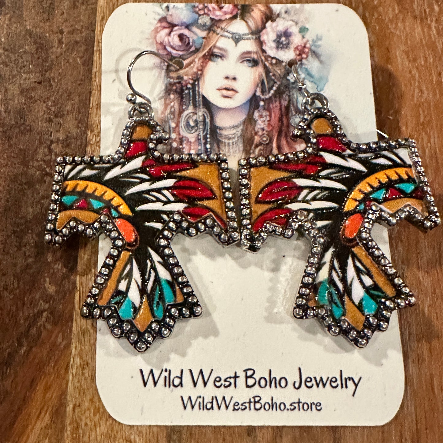 Boho Thunderbird Metal Earrings with Tooled Leather Chieftain Headdress Design, Gift Box