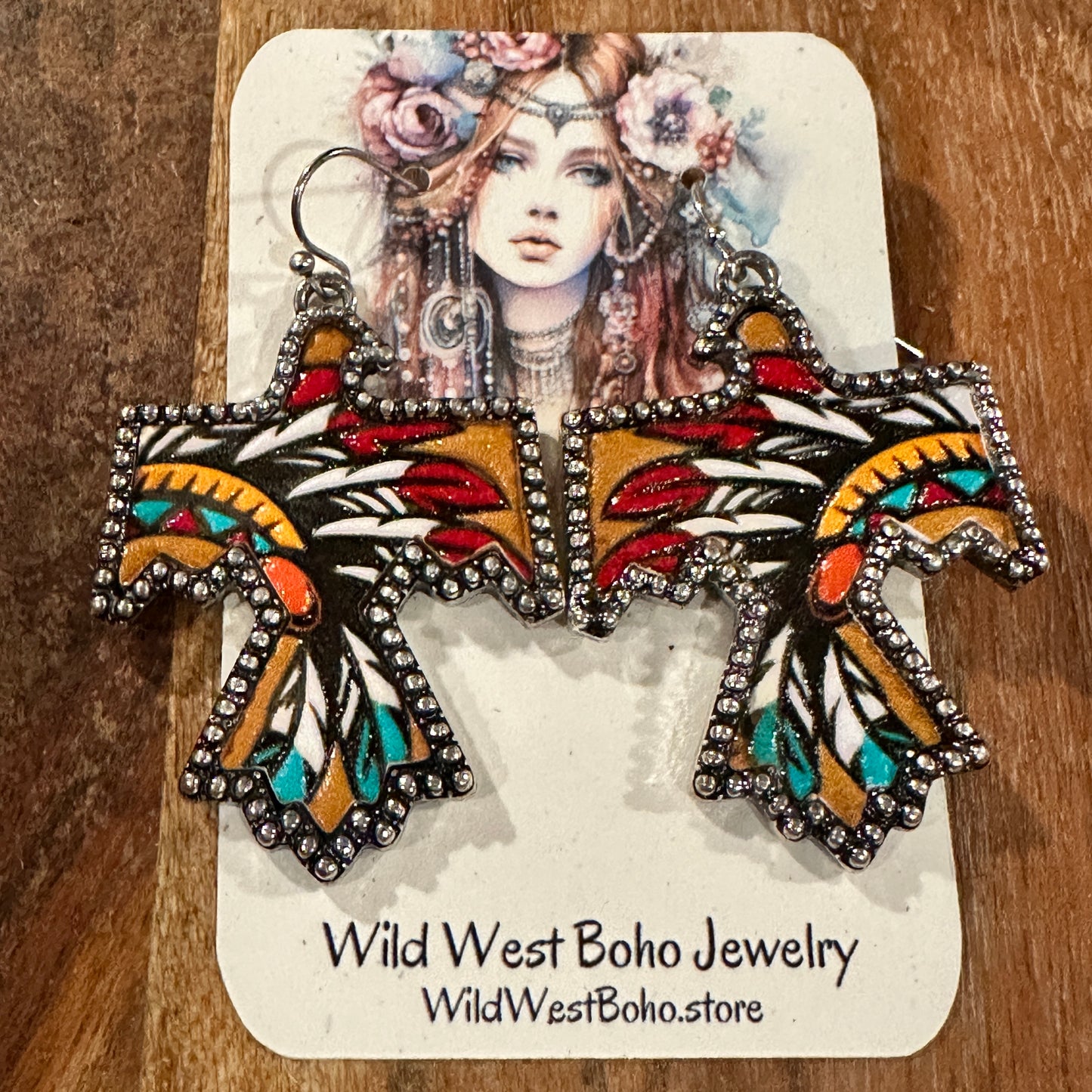 Boho Thunderbird Metal Earrings with Tooled Leather Chieftain Headdress Design, Gift Box