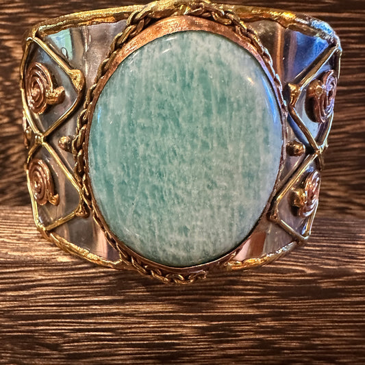 Artisan-Made Adjustable Cuff Bracelet with Amazonite Green Stone and Mixed Metals, Gift-Ready Packaging