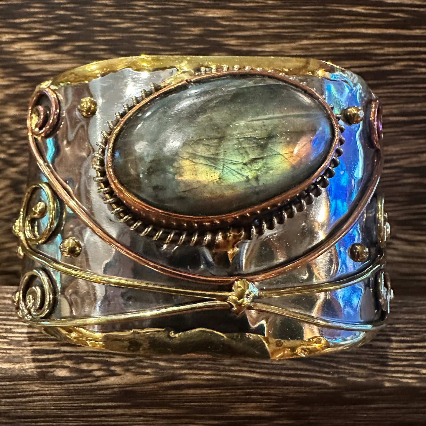 Labradorite Stone Adjustable Cuff Bracelet in Mixed Metals, 2-Inch Wide, Gift-Ready Boxed