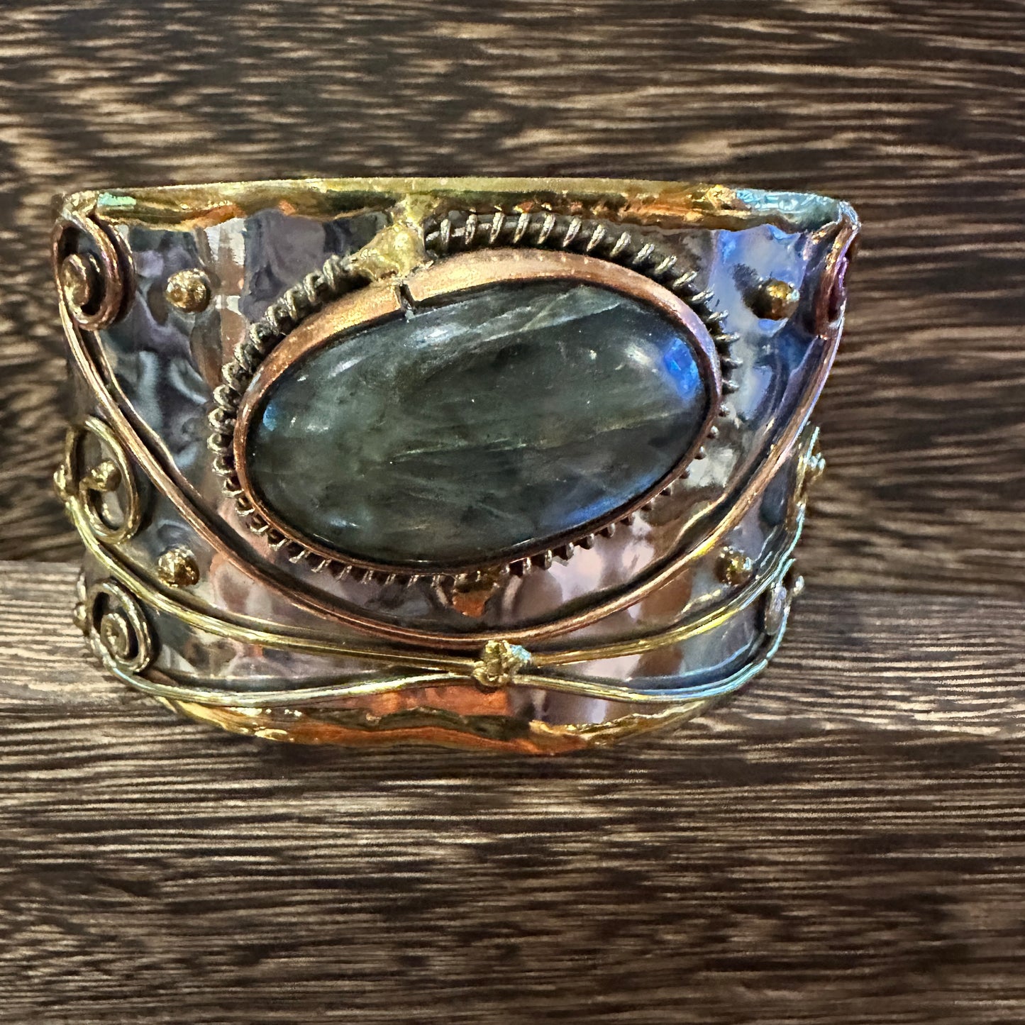 Labradorite Stone Adjustable Cuff Bracelet in Mixed Metals, 2-Inch Wide, Gift-Ready Boxed