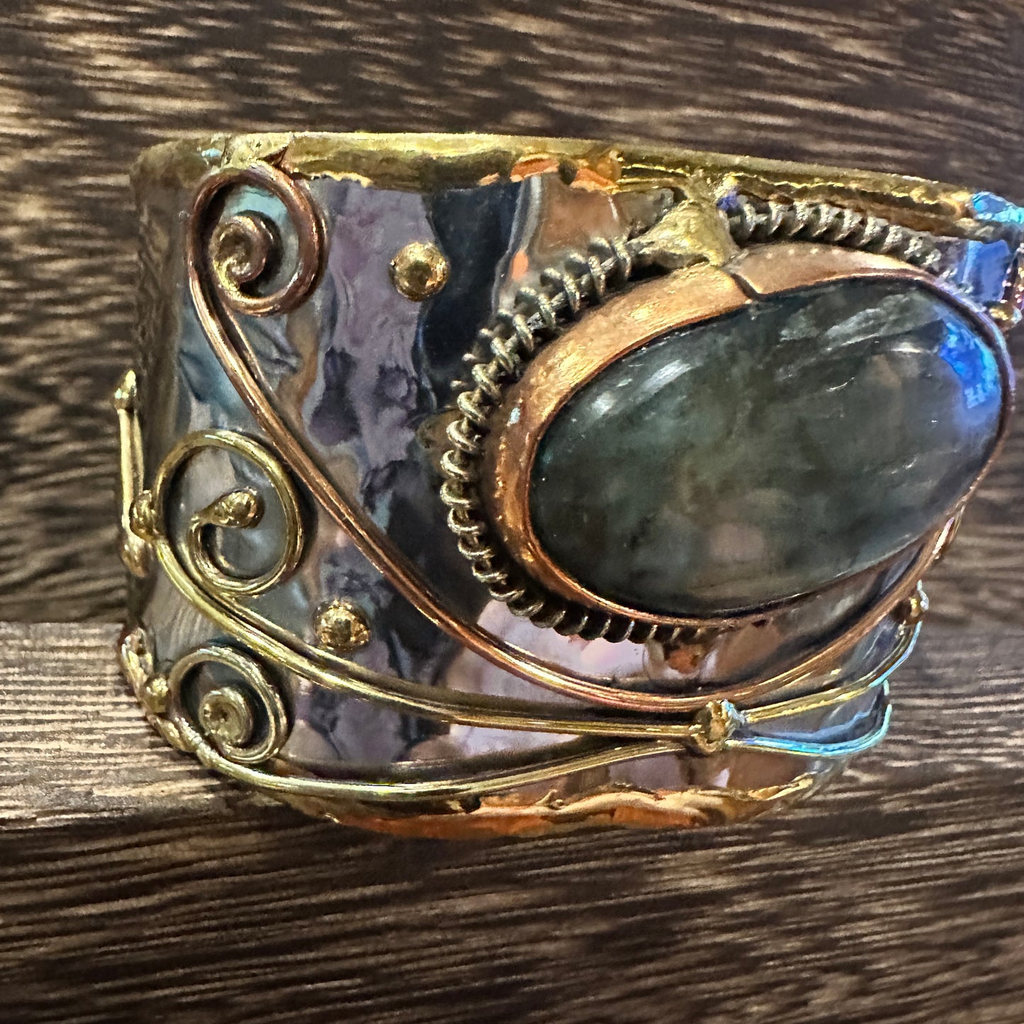 Labradorite Stone Adjustable Cuff Bracelet in Mixed Metals, 2-Inch Wide, Gift-Ready Boxed