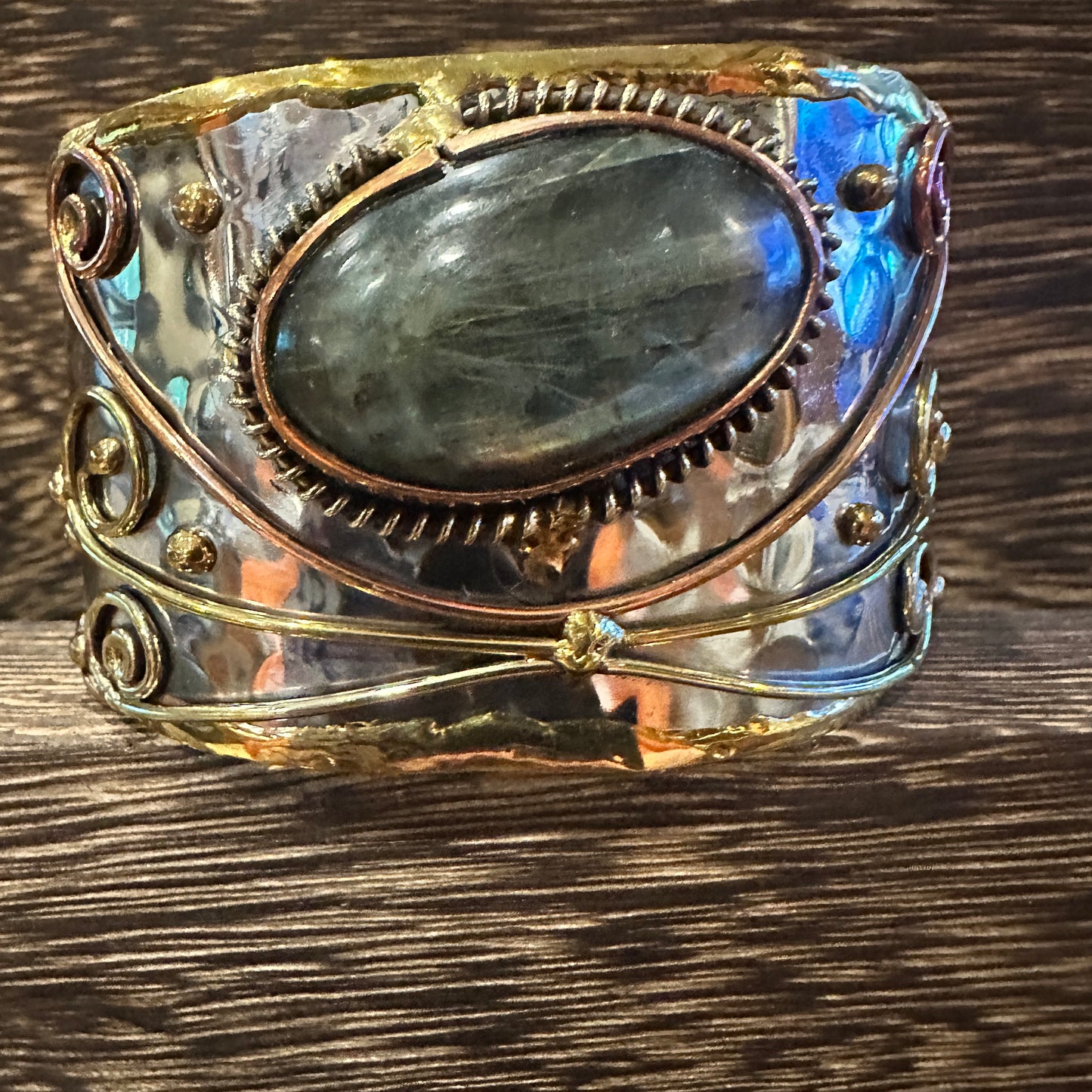 Labradorite Stone Adjustable Cuff Bracelet in Mixed Metals, 2-Inch Wide, Gift-Ready Boxed