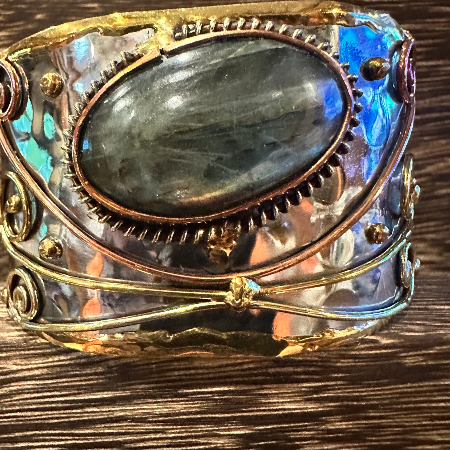 Labradorite Stone Adjustable Cuff Bracelet in Mixed Metals, 2-Inch Wide, Gift-Ready Boxed