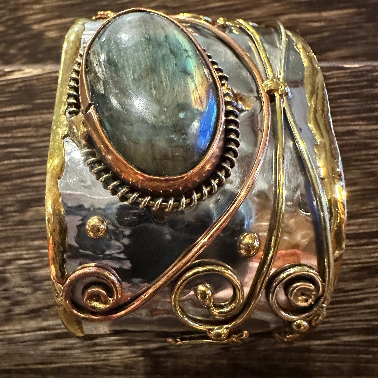 Labradorite Stone Adjustable Cuff Bracelet in Mixed Metals, 2-Inch Wide, Gift-Ready Boxed