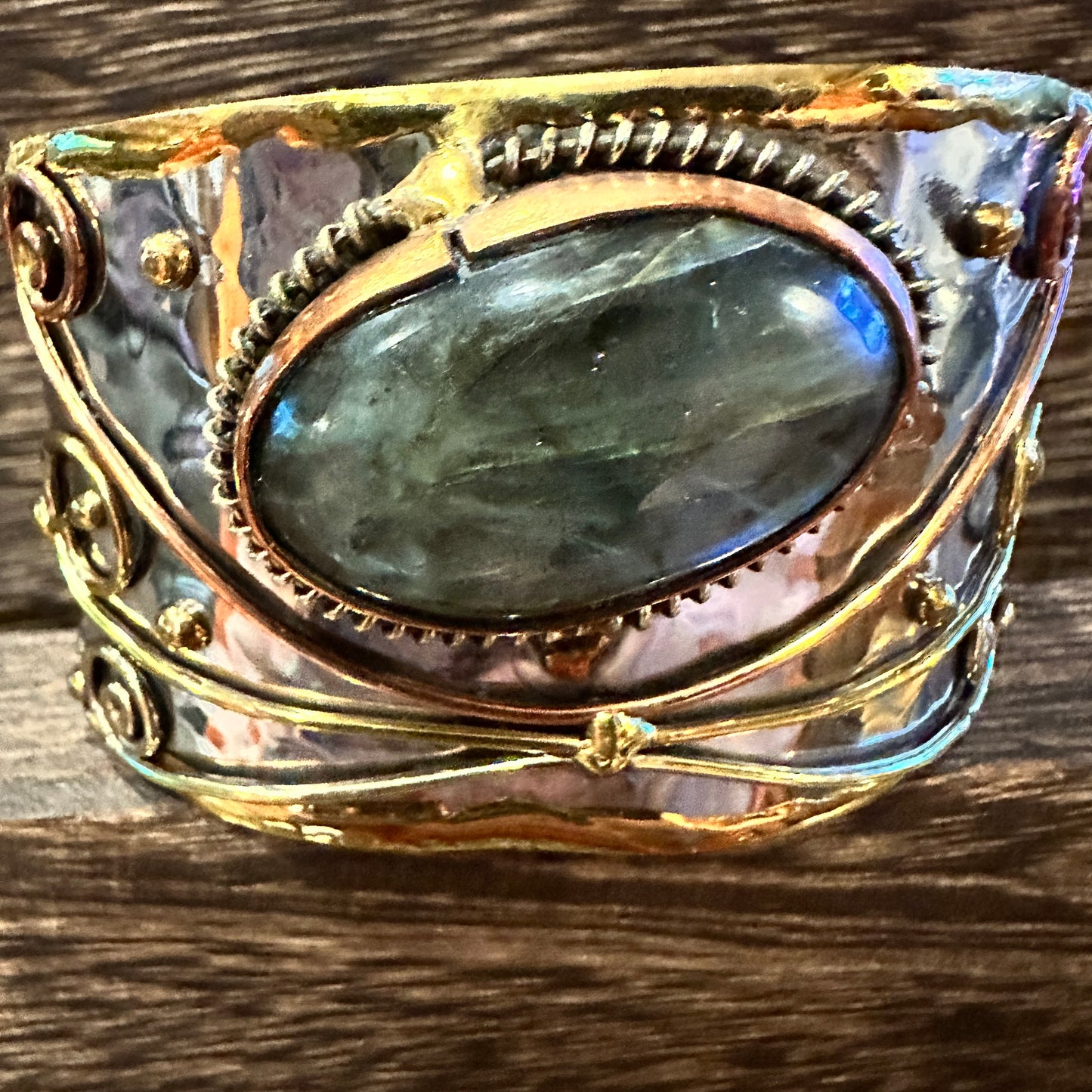 Labradorite Stone Adjustable Cuff Bracelet in Mixed Metals, 2-Inch Wide, Gift-Ready Boxed