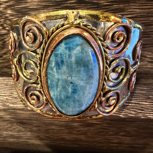 Artisan-Made 2-inch Wide Cuff Bracelet with Apatite Stone and Mixed Metals, Adjustable Design, Gift-Ready Packaging