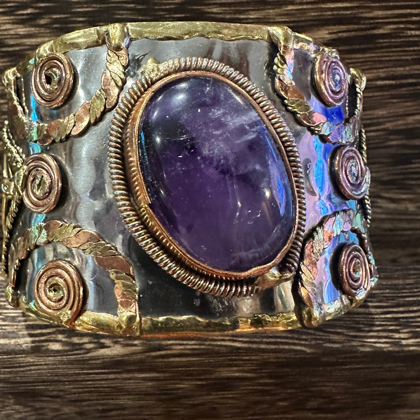 Artisan Purple Amethyst Cuff Bracelet, 2" Width, Adjustable Mixed Metals, Gift-Ready Box