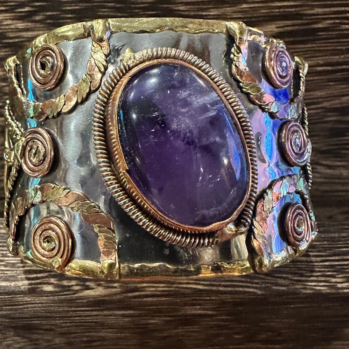 Artisan Purple Amethyst Cuff Bracelet, 2" Width, Adjustable Mixed Metals, Gift-Ready Box