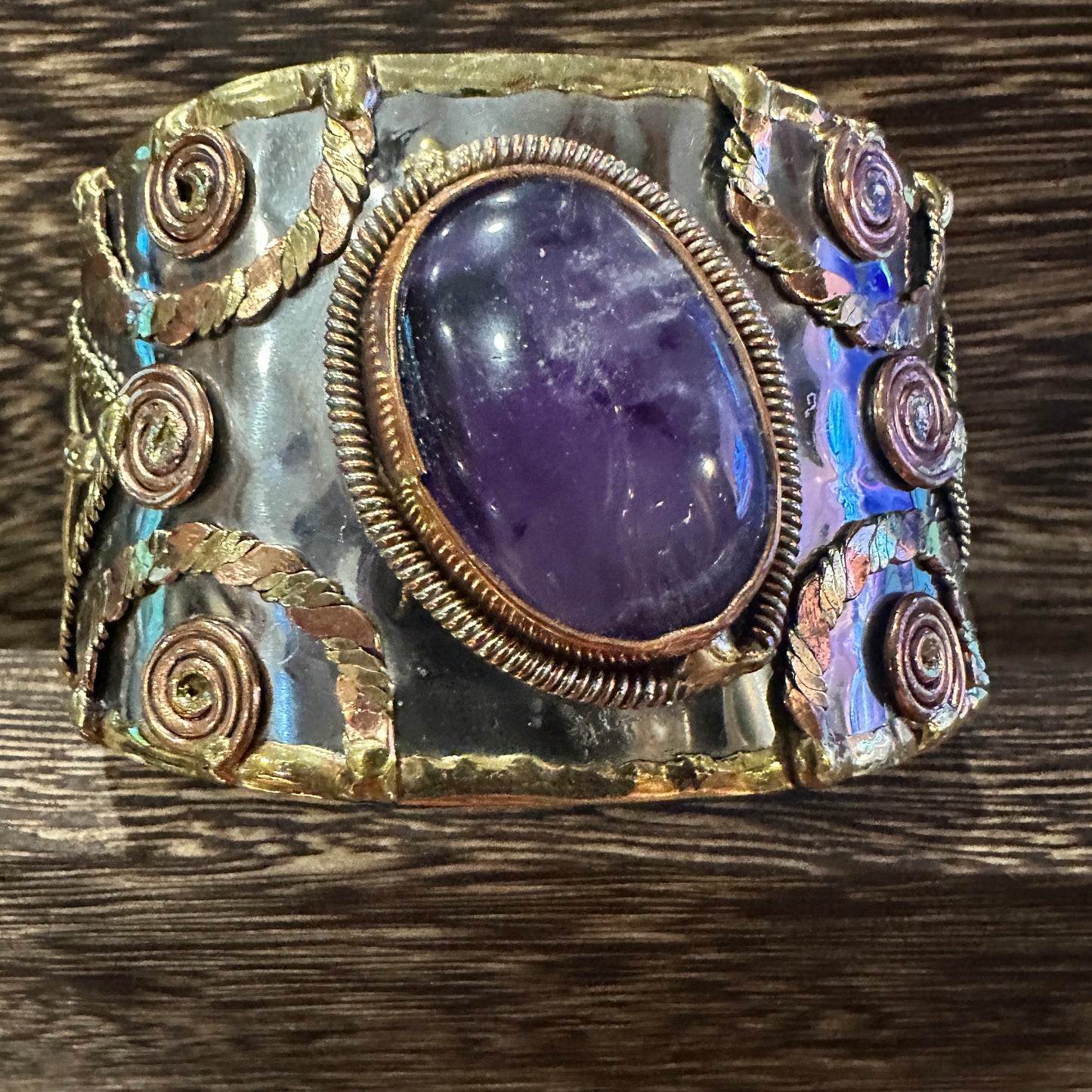 Artisan Purple Amethyst Cuff Bracelet, 2" Width, Adjustable Mixed Metals, Gift-Ready Box