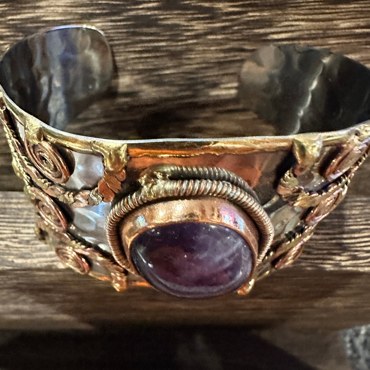 Artisan Purple Amethyst Cuff Bracelet, 2" Width, Adjustable Mixed Metals, Gift-Ready Box