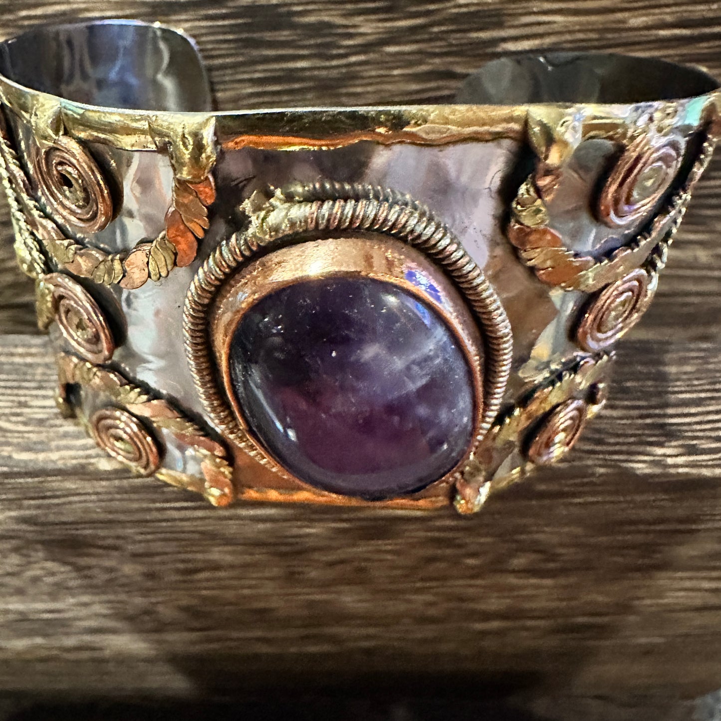 Artisan Purple Amethyst Cuff Bracelet, 2" Width, Adjustable Mixed Metals, Gift-Ready Box