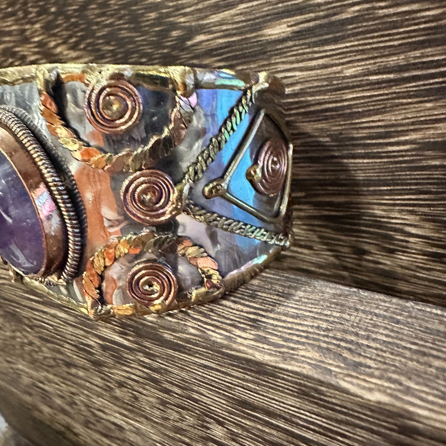 Artisan Purple Amethyst Cuff Bracelet, 2" Width, Adjustable Mixed Metals, Gift-Ready Box