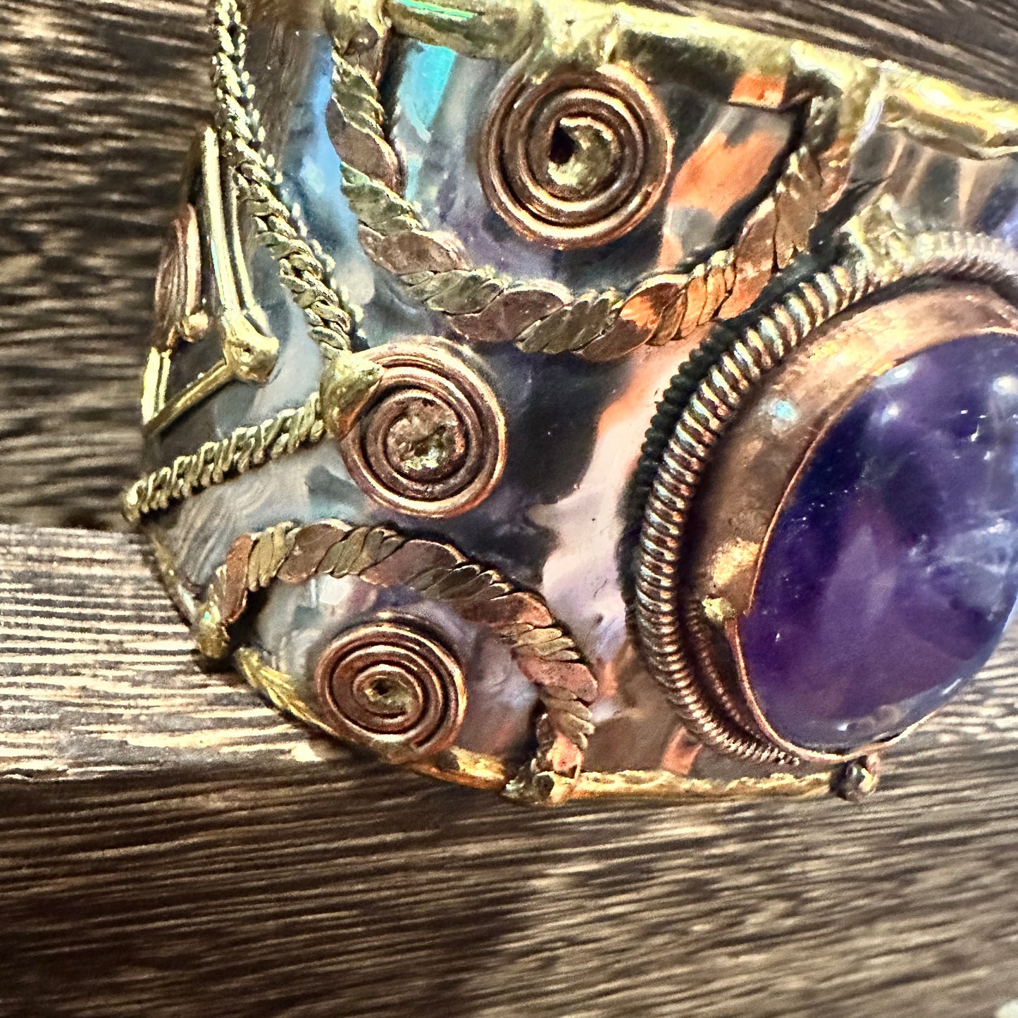 Artisan Purple Amethyst Cuff Bracelet, 2" Width, Adjustable Mixed Metals, Gift-Ready Box