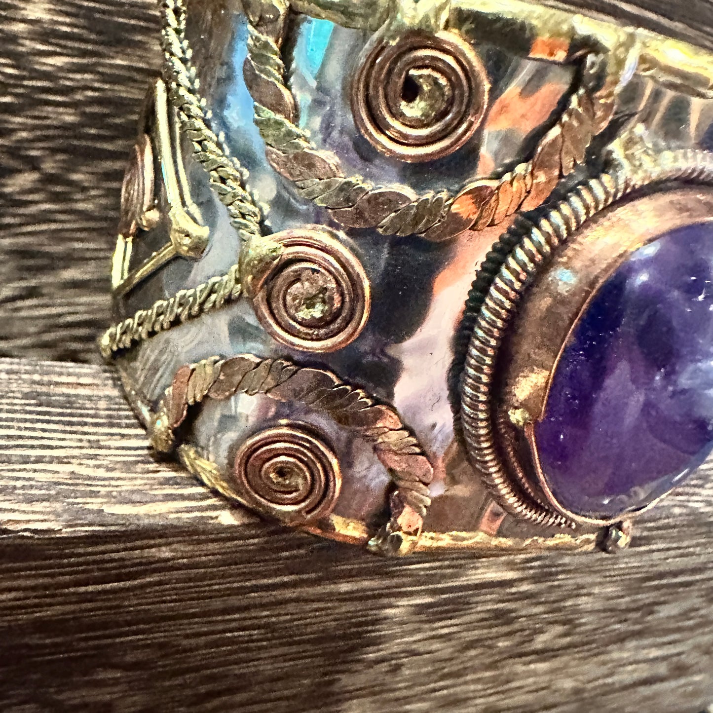 Artisan Purple Amethyst Cuff Bracelet, 2" Width, Adjustable Mixed Metals, Gift-Ready Box