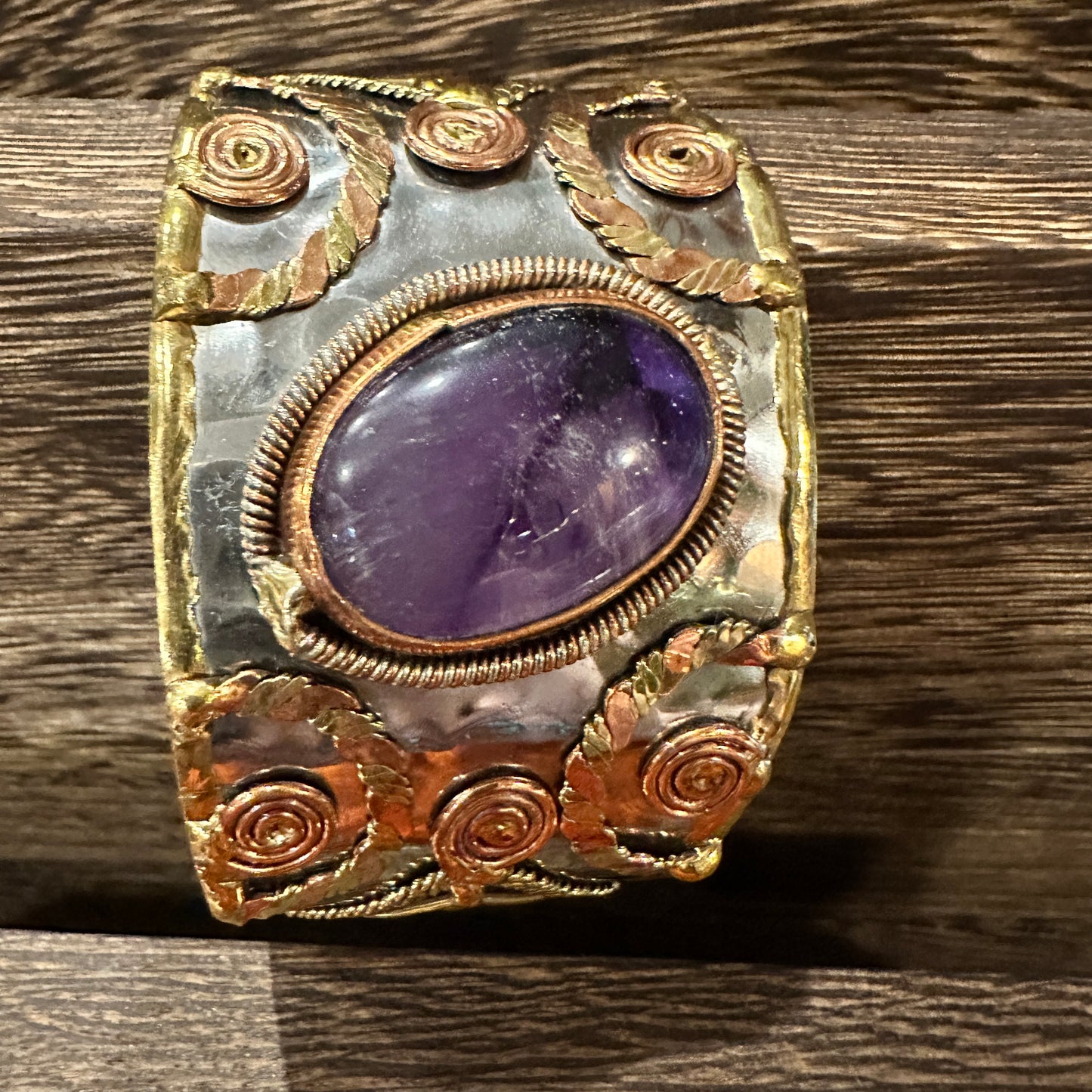 Artisan Purple Amethyst Cuff Bracelet, 2" Width, Adjustable Mixed Metals, Gift-Ready Box