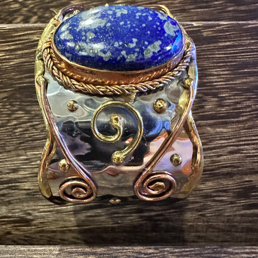 Artisan 2-Inch Wide Lapis Lazuli Cuff Bracelet, Adjustable Mixed Metals, Gift Ready