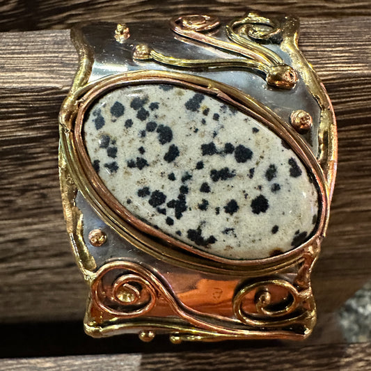 Unique Adjustable Cuff Bracelet with Dalmation Jasper and Mixed Metals, Gift-Ready Box Included