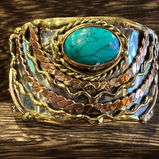 Turquoise Stone Cuff Bracelet - Handcrafted Adjustable Design in Mixed Metals, Gift Box Included