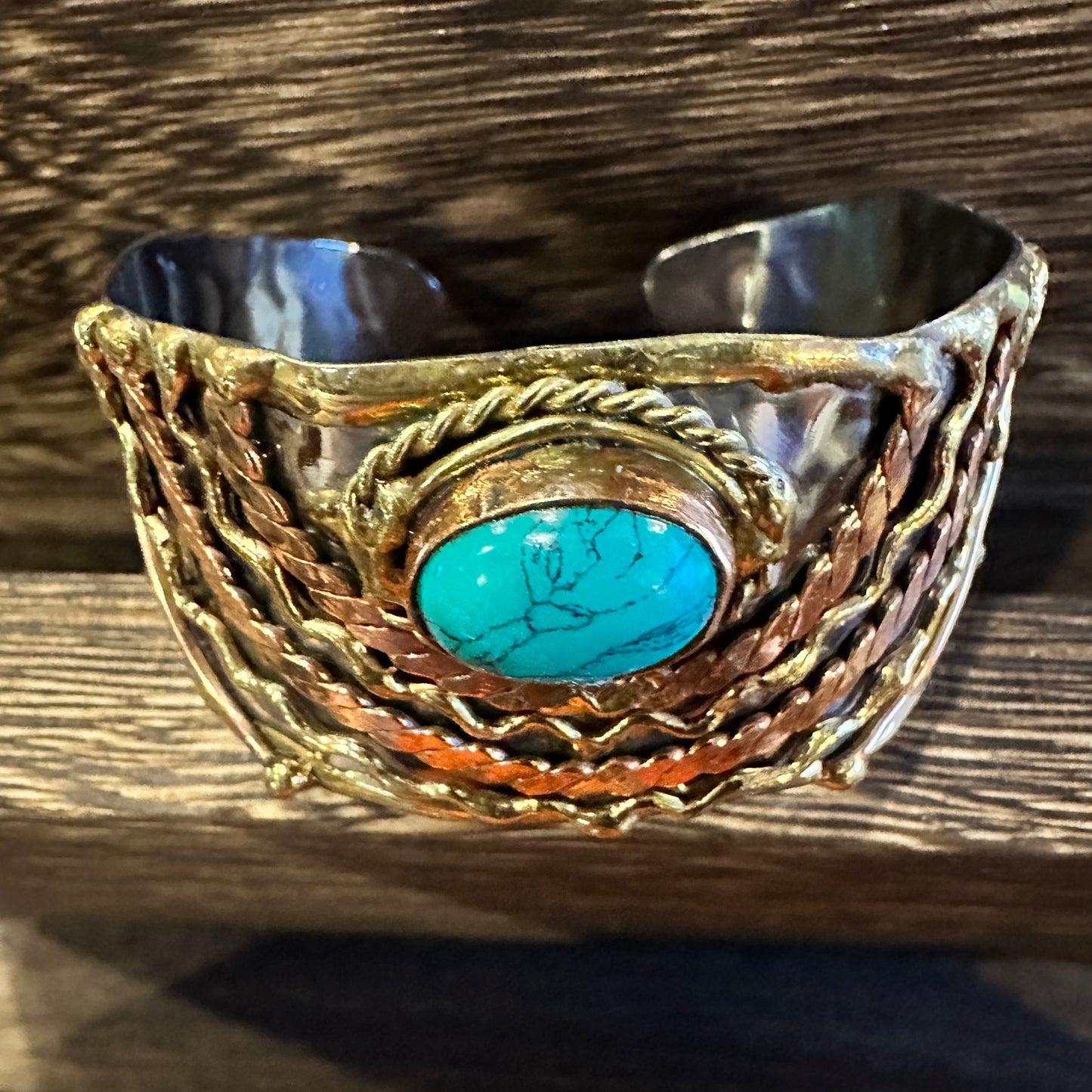 Turquoise Stone Cuff Bracelet - Handcrafted Adjustable Design in Mixed Metals, Gift Box Included