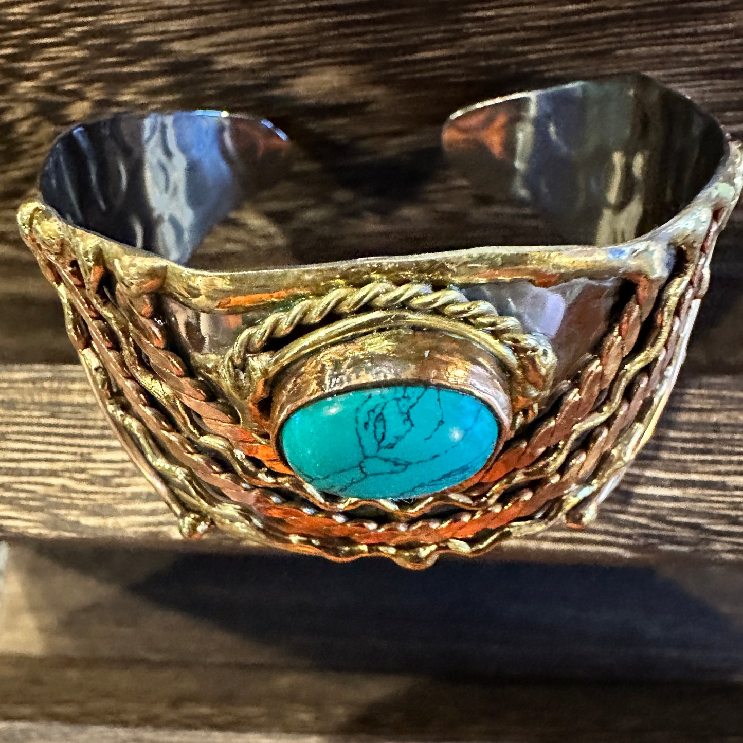 Turquoise Stone Cuff Bracelet - Handcrafted Adjustable Design in Mixed Metals, Gift Box Included