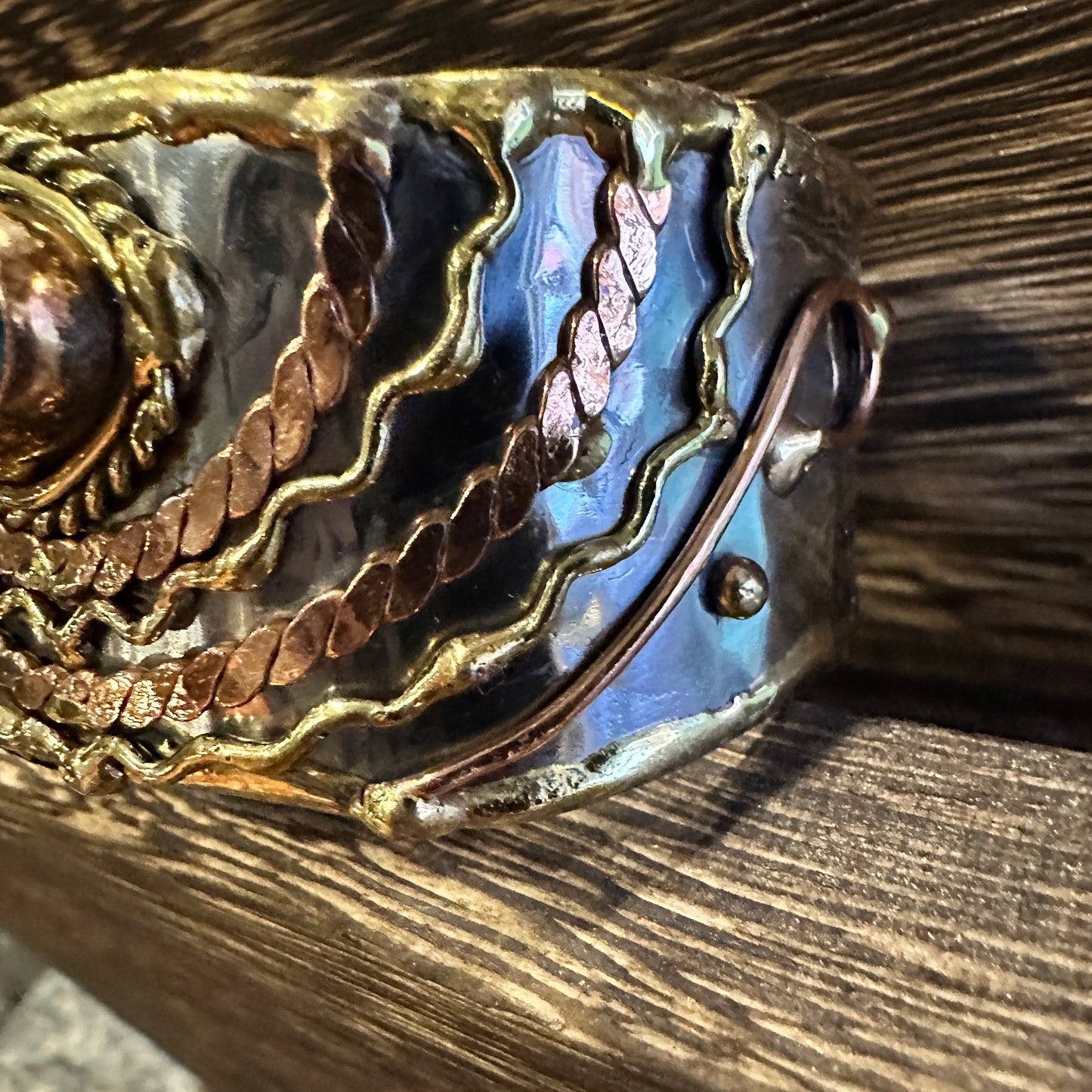 Turquoise Stone Cuff Bracelet - Handcrafted Adjustable Design in Mixed Metals, Gift Box Included