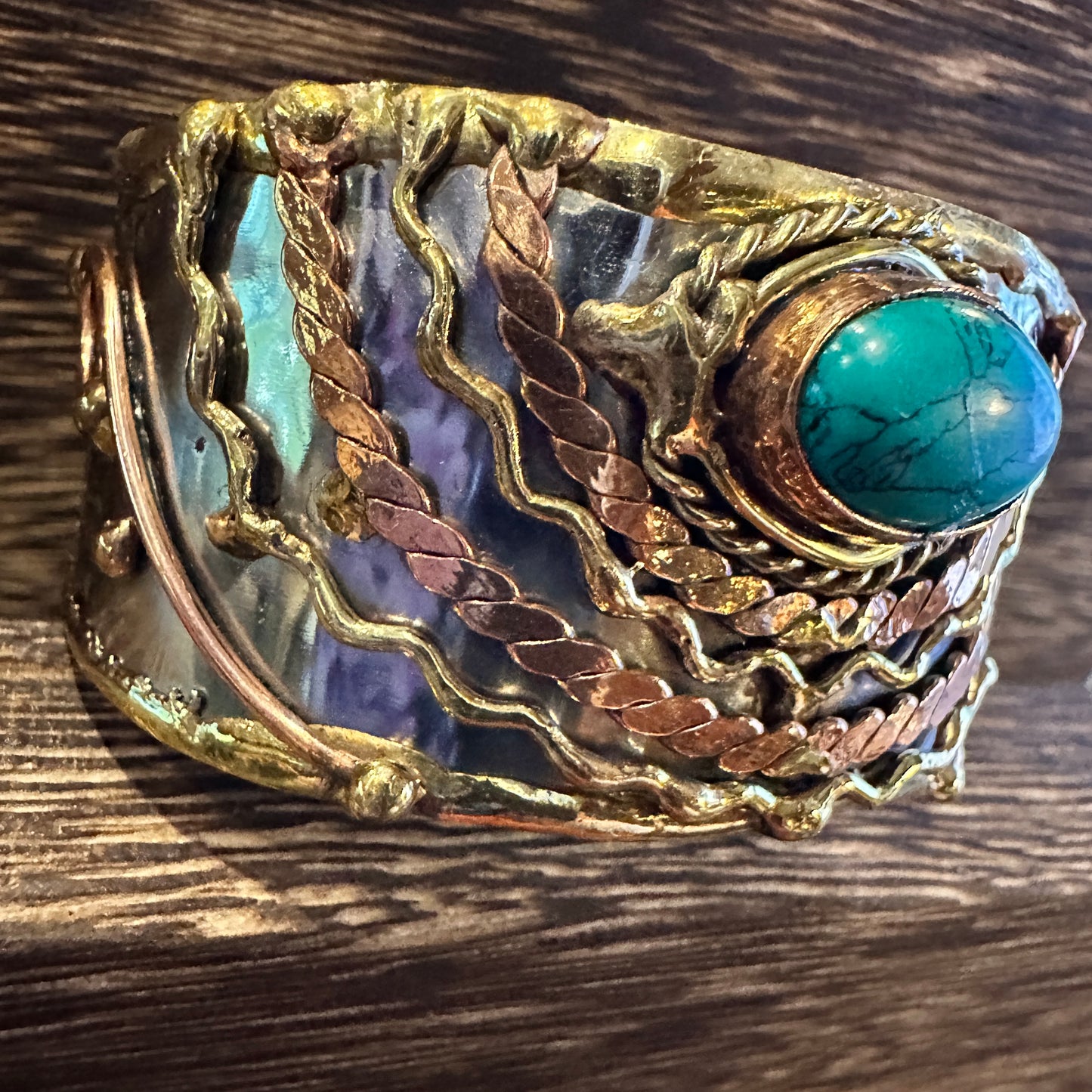 Turquoise Stone Cuff Bracelet - Handcrafted Adjustable Design in Mixed Metals, Gift Box Included