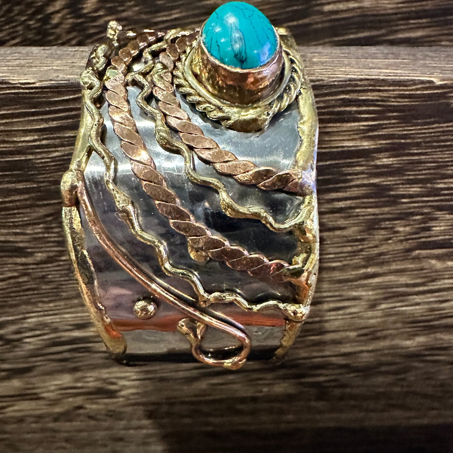 Turquoise Stone Cuff Bracelet - Handcrafted Adjustable Design in Mixed Metals, Gift Box Included