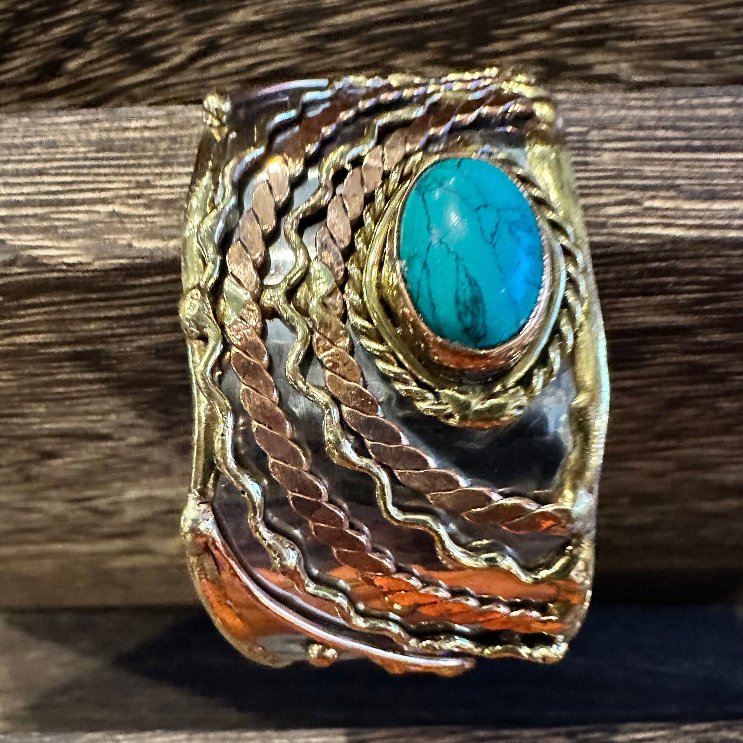 Turquoise Stone Cuff Bracelet - Handcrafted Adjustable Design in Mixed Metals, Gift Box Included