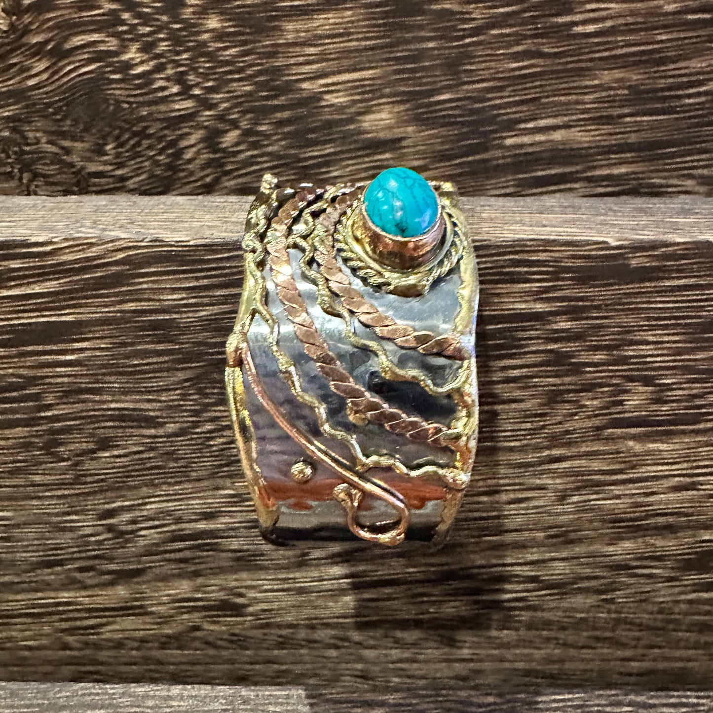 Turquoise Stone Cuff Bracelet - Handcrafted Adjustable Design in Mixed Metals, Gift Box Included