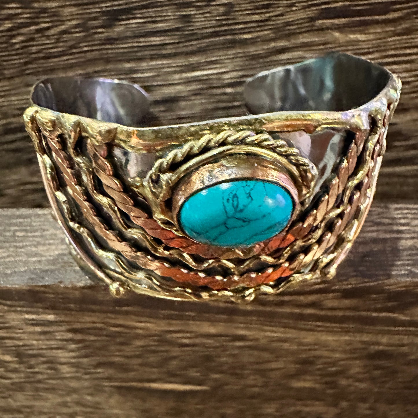 Turquoise Stone Cuff Bracelet - Handcrafted Adjustable Design in Mixed Metals, Gift Box Included