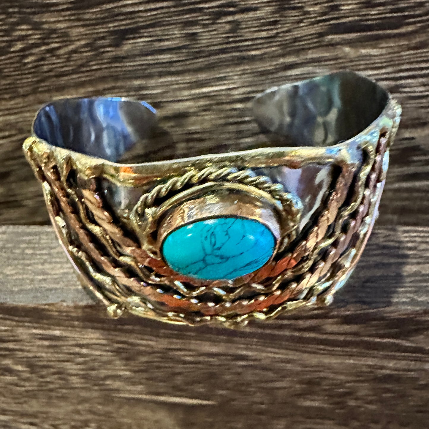 Turquoise Stone Cuff Bracelet - Handcrafted Adjustable Design in Mixed Metals, Gift Box Included