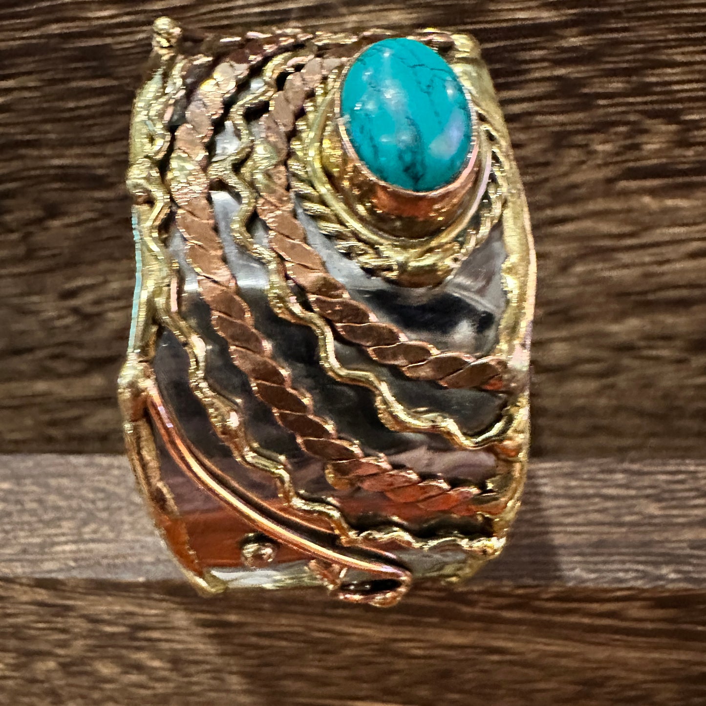 Turquoise Stone Cuff Bracelet - Handcrafted Adjustable Design in Mixed Metals, Gift Box Included