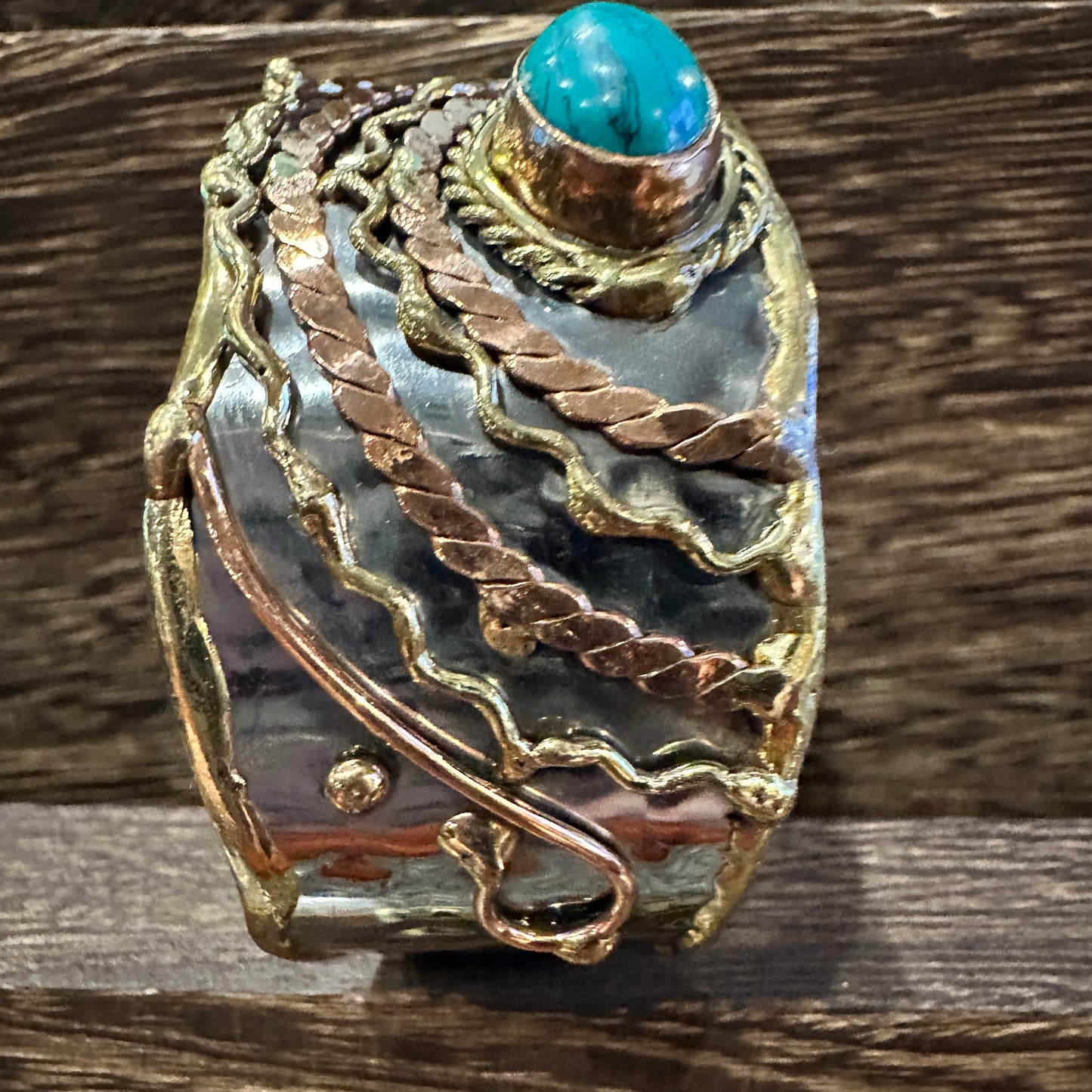 Turquoise Stone Cuff Bracelet - Handcrafted Adjustable Design in Mixed Metals, Gift Box Included