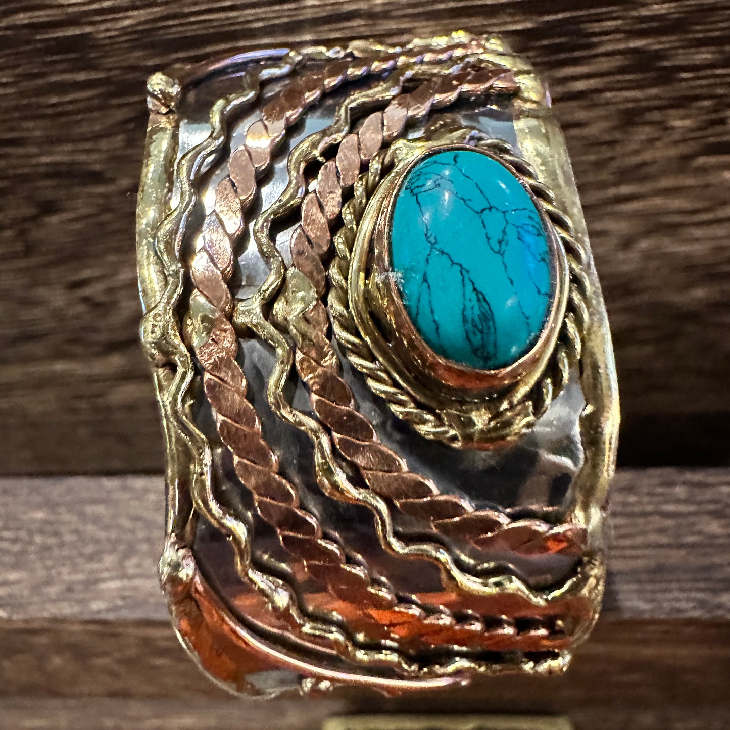 Turquoise Stone Cuff Bracelet - Handcrafted Adjustable Design in Mixed Metals, Gift Box Included