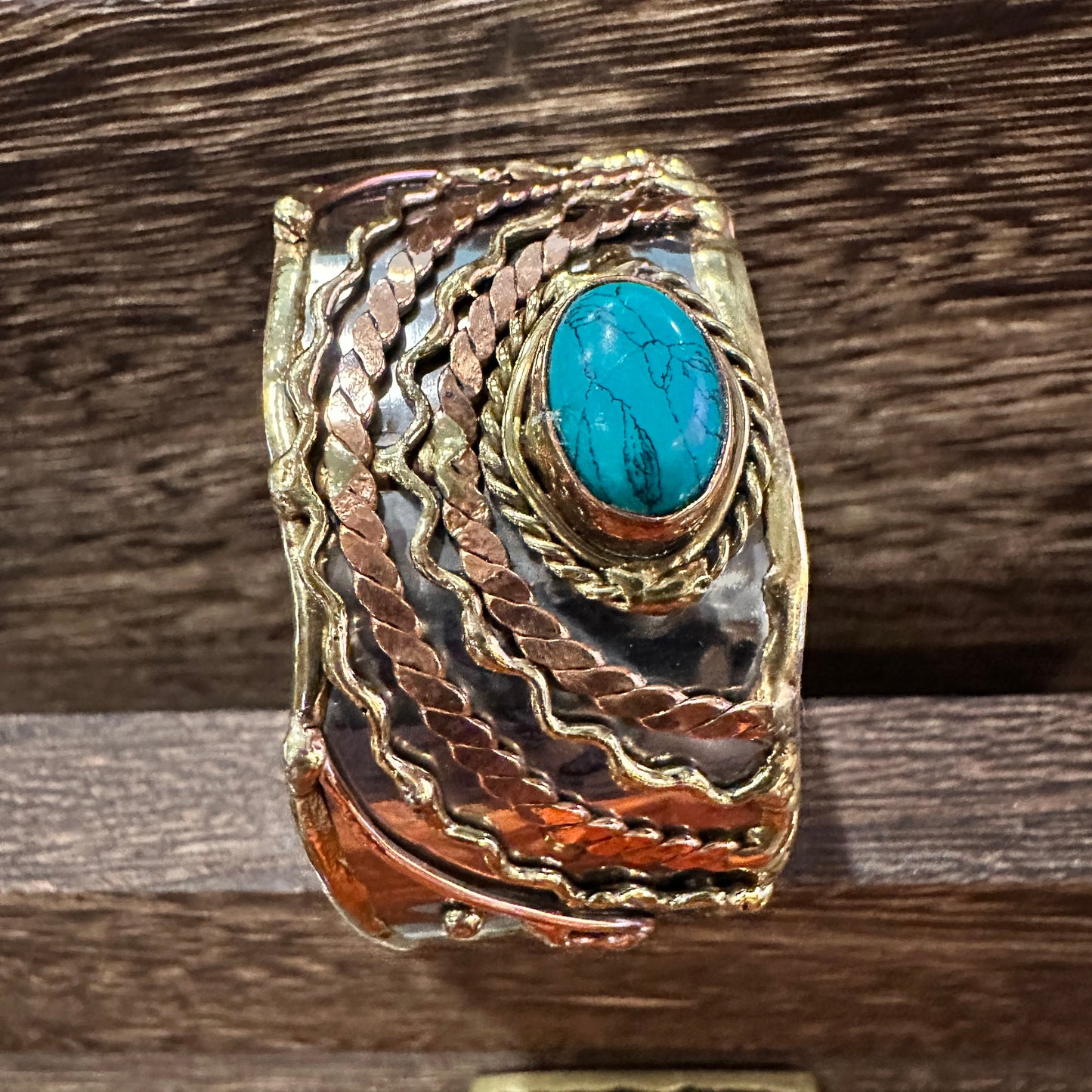 Turquoise Stone Cuff Bracelet - Handcrafted Adjustable Design in Mixed Metals, Gift Box Included