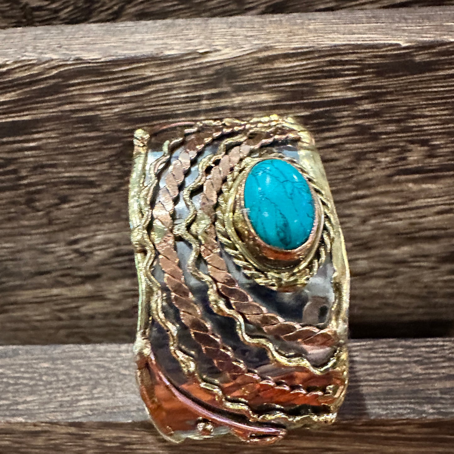 Turquoise Stone Cuff Bracelet - Handcrafted Adjustable Design in Mixed Metals, Gift Box Included