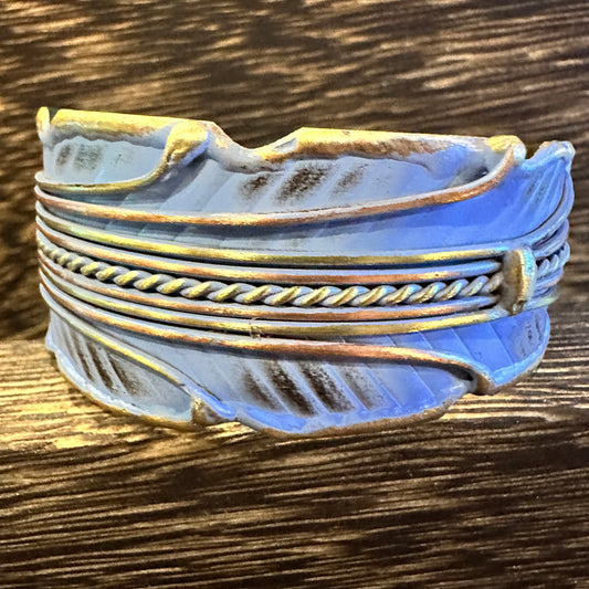 Patina Green Leaf Cuff Bracelet - 2in Wide Adjustable Brass Design in Gift Box