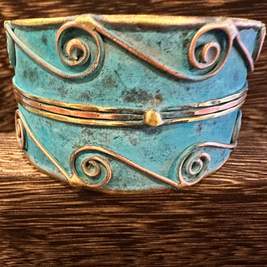 Aqua Patina Swirl Adjustable Cuff Bracelet - Handcrafted 2in Wide Brass, Gift Box Included