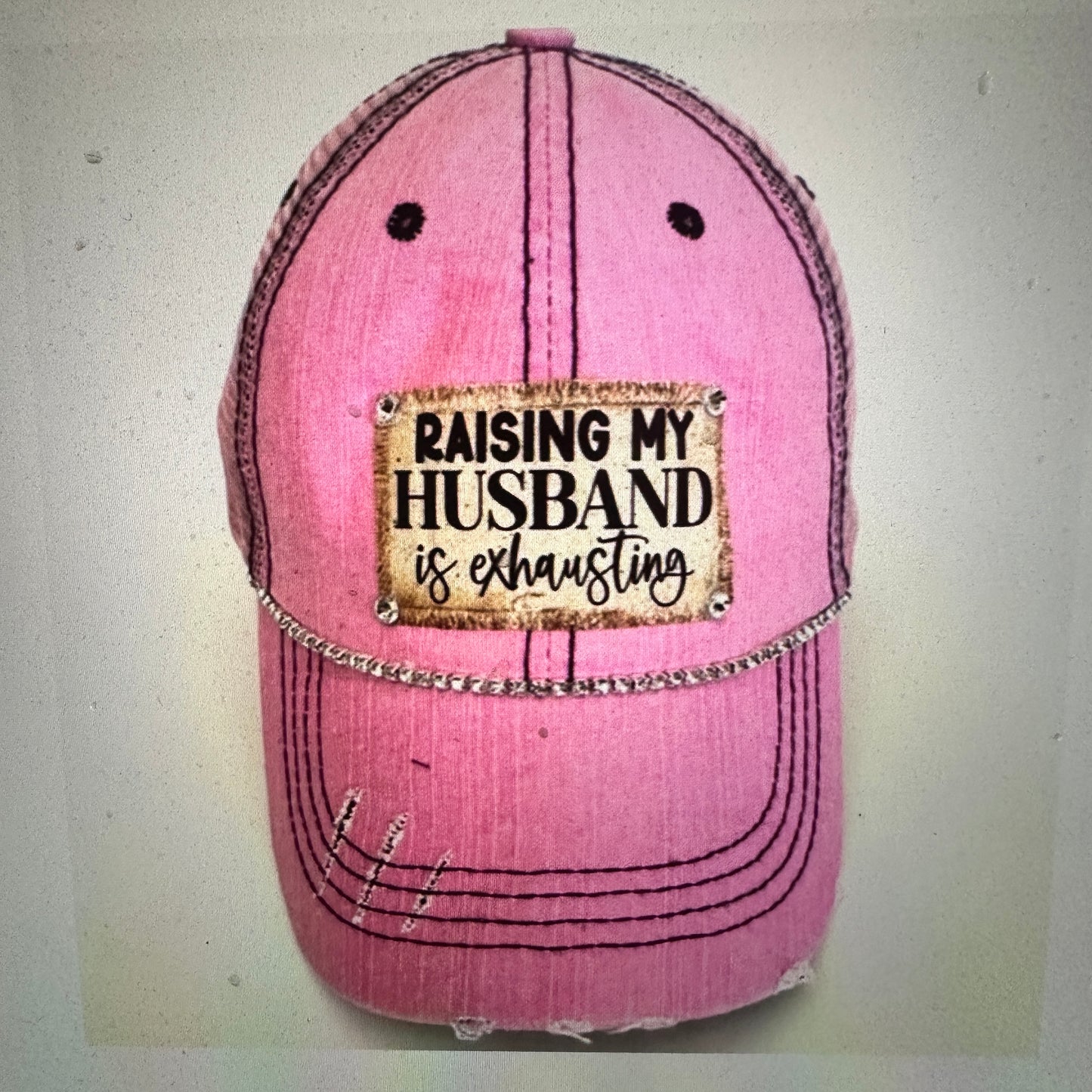 "Husband Taming is Tireless" Distressed Trucker Hat (#161): Bling / Pink / Jana's Flannels