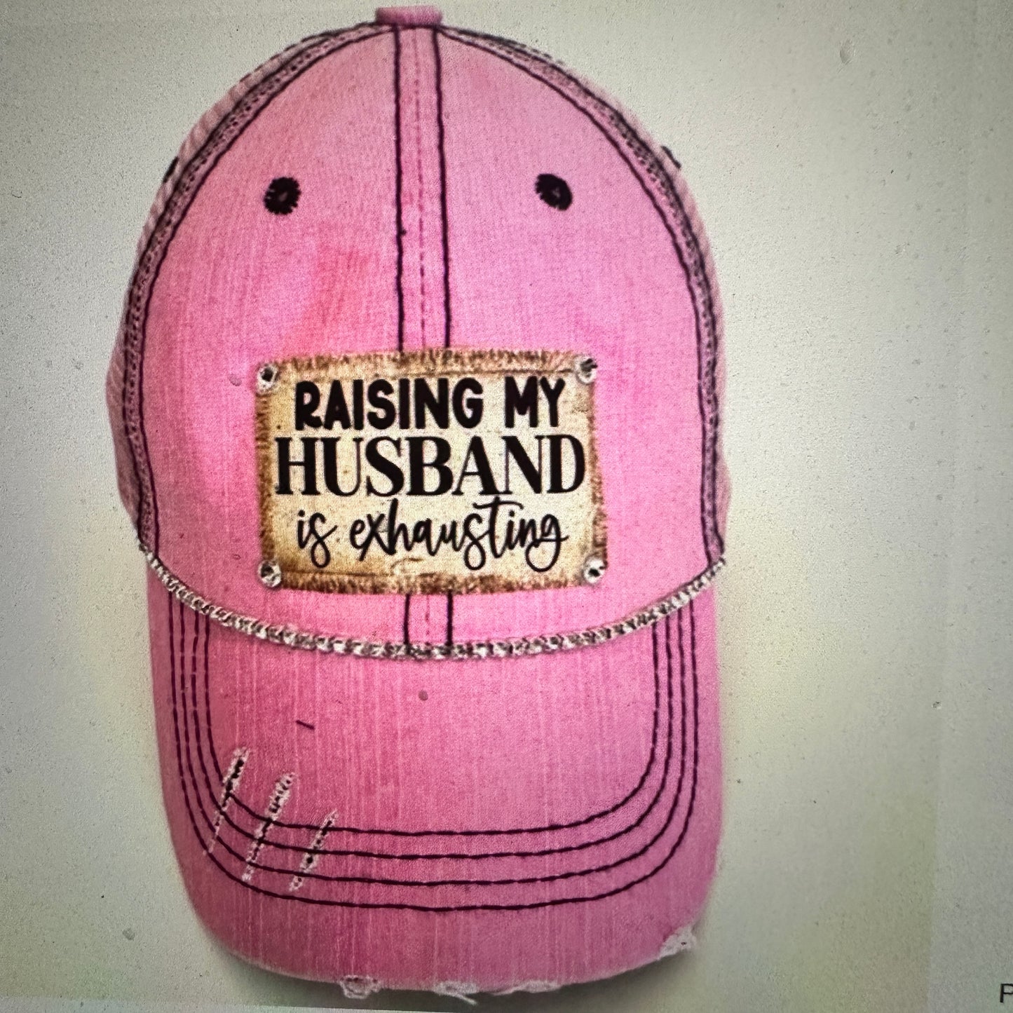 "Husband Taming is Tireless" Distressed Trucker Hat (#161): Bling / Pink / Jana's Flannels